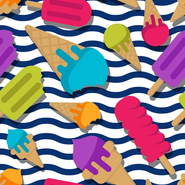 Patrón Verano Sin Costuras Vectorial Con Helado Multicolor Rayas Onduladas — Archivo Imágenes Vectoriales