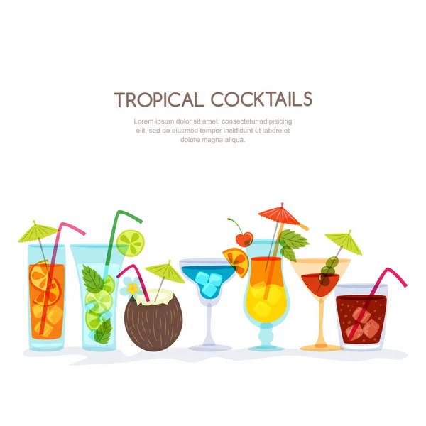 Tropické Koktejly Vektorové Ručně Kreslené Ilustrace Různé Izolované Koktejlové Sklo — Stockový vektor
