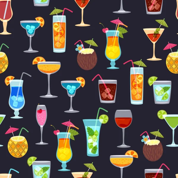 Vector Seamless Black Pattern Tropical Cocktails Juice Wine Champagne Glass — Stock Vector