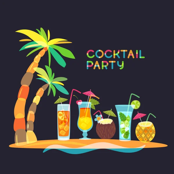 Cocktail Beach Party Concept Vector Doodle Illustration Tropical Island Cocktails — Stock Vector