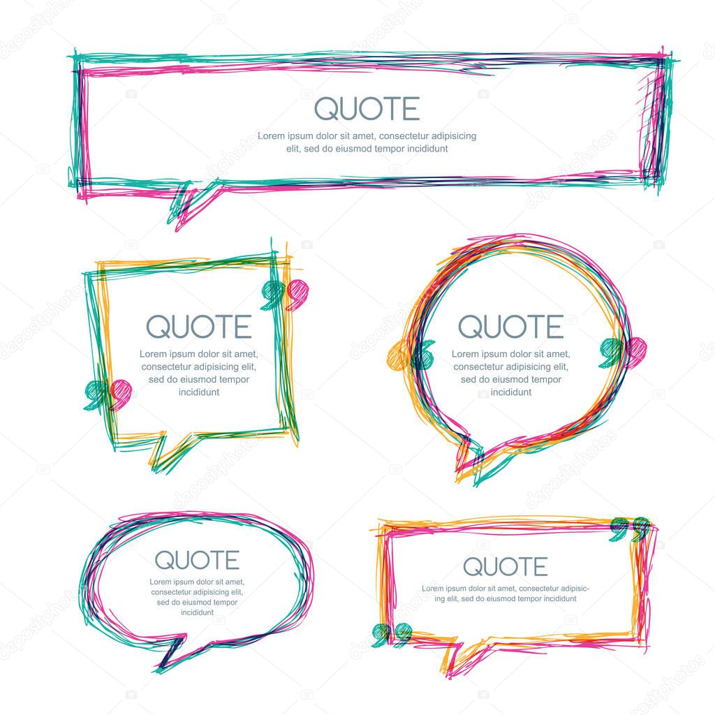 Vector set of quote blank template. Multicolor overlapping banner background. Hand drawn sketch frames. Blank speech bubbles for text information and print design.