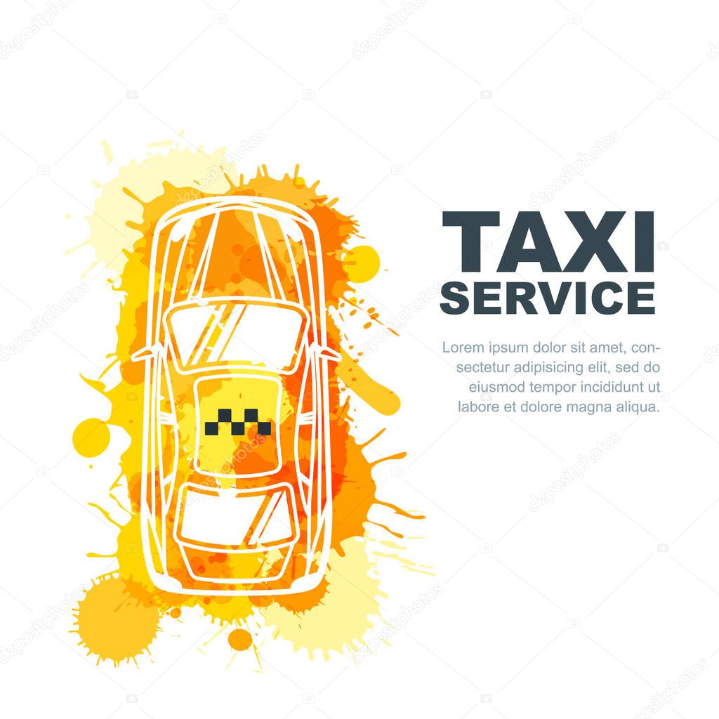 Vector taxi service banner, flyer, poster design template. Call taxi concept. Taxi yellow watercolor painted cab isolated on white background.