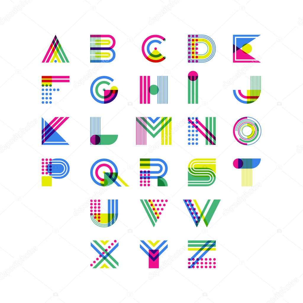 Colorful geometric alphabet. Latin decorative font symbols. Vector logo design elements. Overlapping creative font isolated on white background.