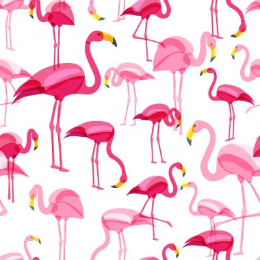 Beyaz arka planda pembe flamingo izole edilmiş vektör pürüzsüz desen. El çizimi karalama çizimi. Flamingo kuşları çeşitli pozlarda. Yazın moda tekstil baskısı için moda tasarımı.