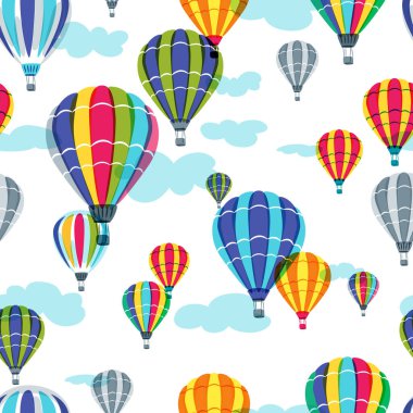 Gökyüzünde rengarenk sıcak hava balonları olan kusursuz bir şablon. El çizimi karalama çizimi. Kumaş ve moda tekstil baskısı için yaz tasarımı.