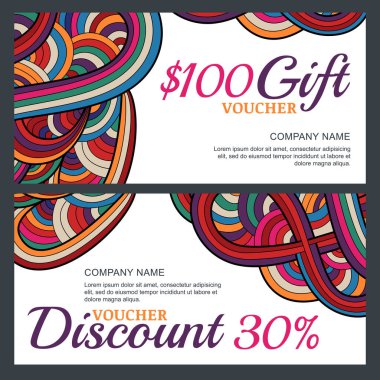 Vektör hediyesi ve soyut el çizimi dalgalı indirim makbuzu şablonu. Renkli karalama tatil kartları. Hediye kuponu, davetiye, sertifika, broşür, afiş, bilet tasarımı.