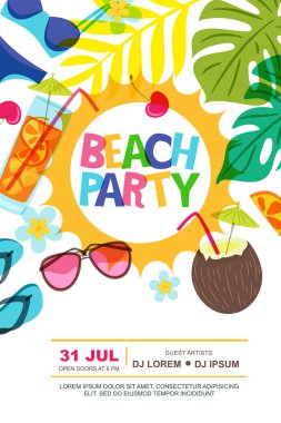 Plaj partisi yazlık poster tasarımı şablonu. Güneş, palmiye yaprakları ve kokteyller resim çizer. Pankart, broşür, davetiye, yaz tatili geçmişleri.
