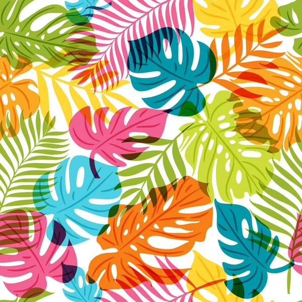 Vektornahtloses Muster Mit Mehrfarbigen Palmenblättern Sommer Tropischen Hintergrund Trendiges Design — Stockvektor