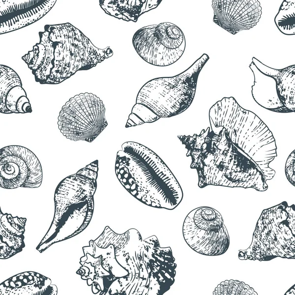 手描きでベクトルシームレスパターンアウトライン様々な貝殻 独立したシェルでスケッチスタイルの黒と白の背景 ファブリックとファッションテキスタイルのための夏のデザイン Print — ストックベクタ