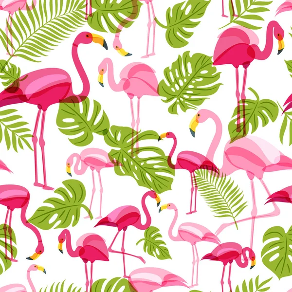 Векторний Безшовний Візерунок Рожевим Фламінго Зеленим Листям Пальми Літній Тропічний — стоковий вектор
