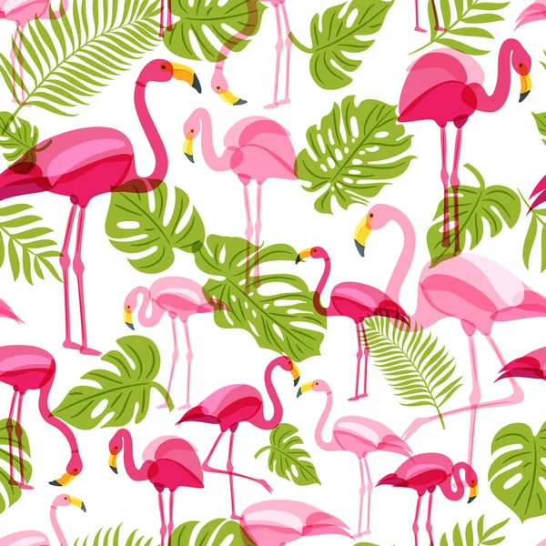 Motif Vectoriel Sans Couture Avec Flamant Rose Feuilles Palmier Vert — Image vectorielle