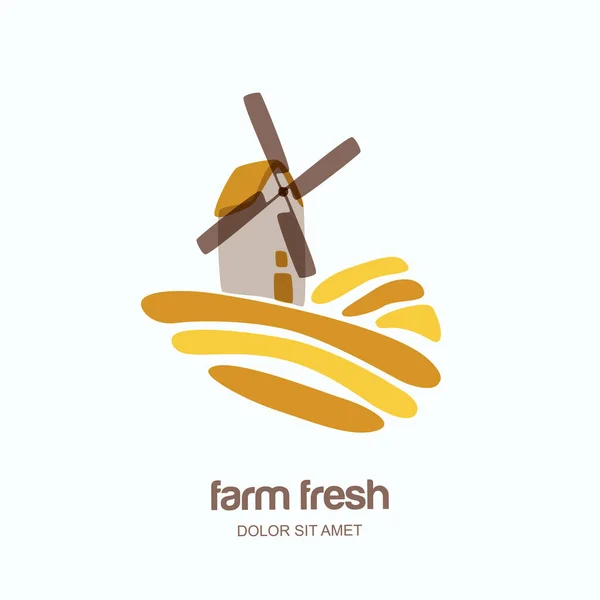 Векторный Логотип Этикетка Эмблема Мельницей Пшеничном Поле Фермерский Пейзаж Изолированная — стоковый вектор