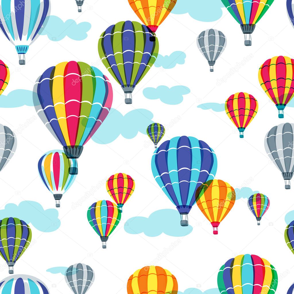 Vector seamless pattern with colorful hot air balloons in the sky. Hand drawn doodle illustration. Summer design for fabric and fashion textile print.