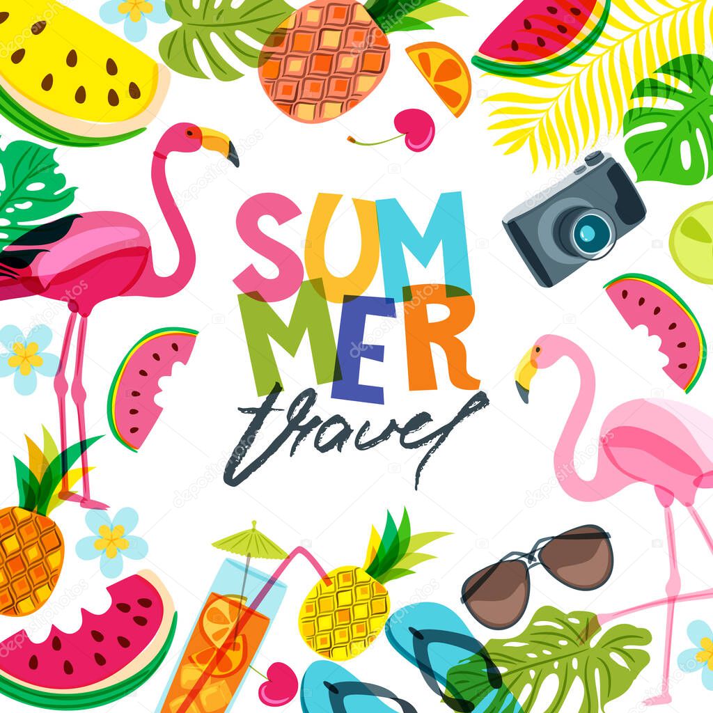 Vector banner, poster, flyer design with flamingo, palm leaves, cocktail, watermelon and pineapples. Hand drawn doodle illustration. Concept for summer travel, holidays and tourism background