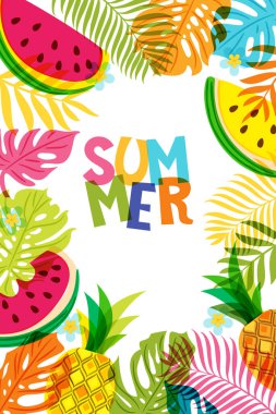 Vektör pankartı, poster, ananas, karpuz ve çok renkli palmiye yapraklı çerçeve. El çizimi karalama çizimi. Yaz tropik arka plan.