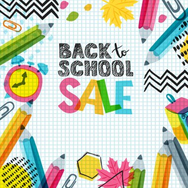 Okul satışı afişi, poster arkaplanı. El çizimi mektuplar, çok renkli kalemler ve defter kağıdına okul malzemeleri. İndirim etiketleri, el ilanları ve alışveriş için düzenleme.