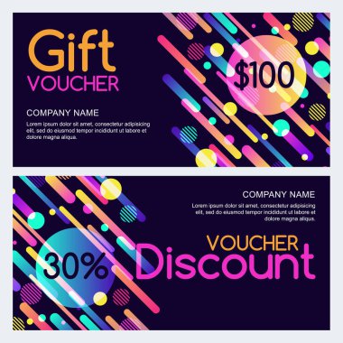 Vektör hediyesi ve soyut dinamik geometrik şekilli indirim makbuzu şablonu. Çok renkli bayram kartları. Hediye kuponu, davetiye, sertifika, broşür, afiş, bilet tasarımı.