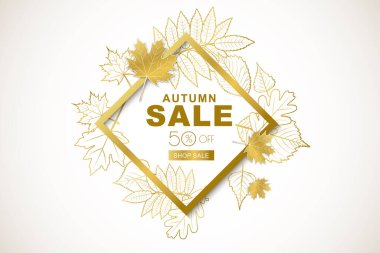 İzole edilmiş altın çerçeveli ve altın kaplamalı sonbahar yapraklı sonbahar indirimi afişi. Vektör düşüş posteri arka planı. İndirim etiketleri, el ilanları ve alışveriş için düzenleme.