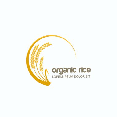 Sarı pirinç, buğday, çavdar taneleri içeren vektör logosu, etiket veya paket daire amblemi. Asya tarımı, organik tahıl ürünleri, ekmek ve fırın için tasarım şablonu.