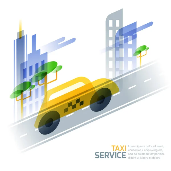 Concepto Servicio Taxi Urbano Ilustración Vectorial Taxi Amarillo Camino Asfalto — Archivo Imágenes Vectoriales