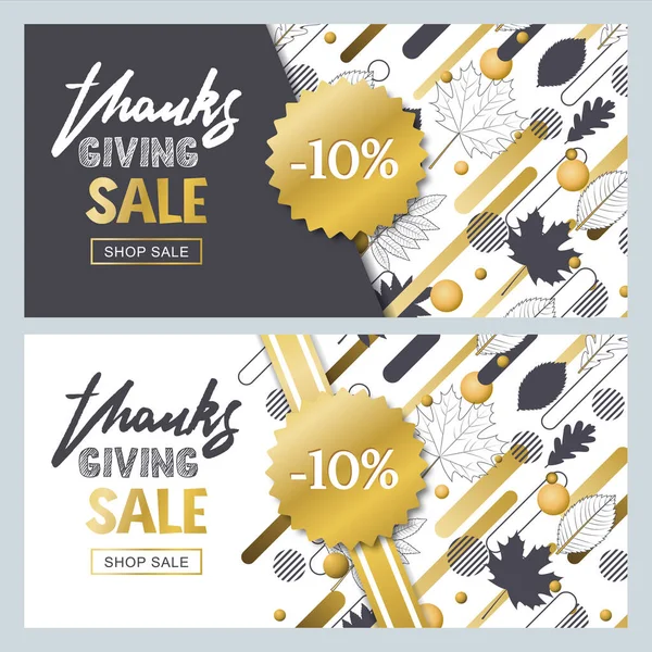 Thanksgiving Sale Banner Set Hand Drawn Outline Fall Leaves Motion — Stock Vector