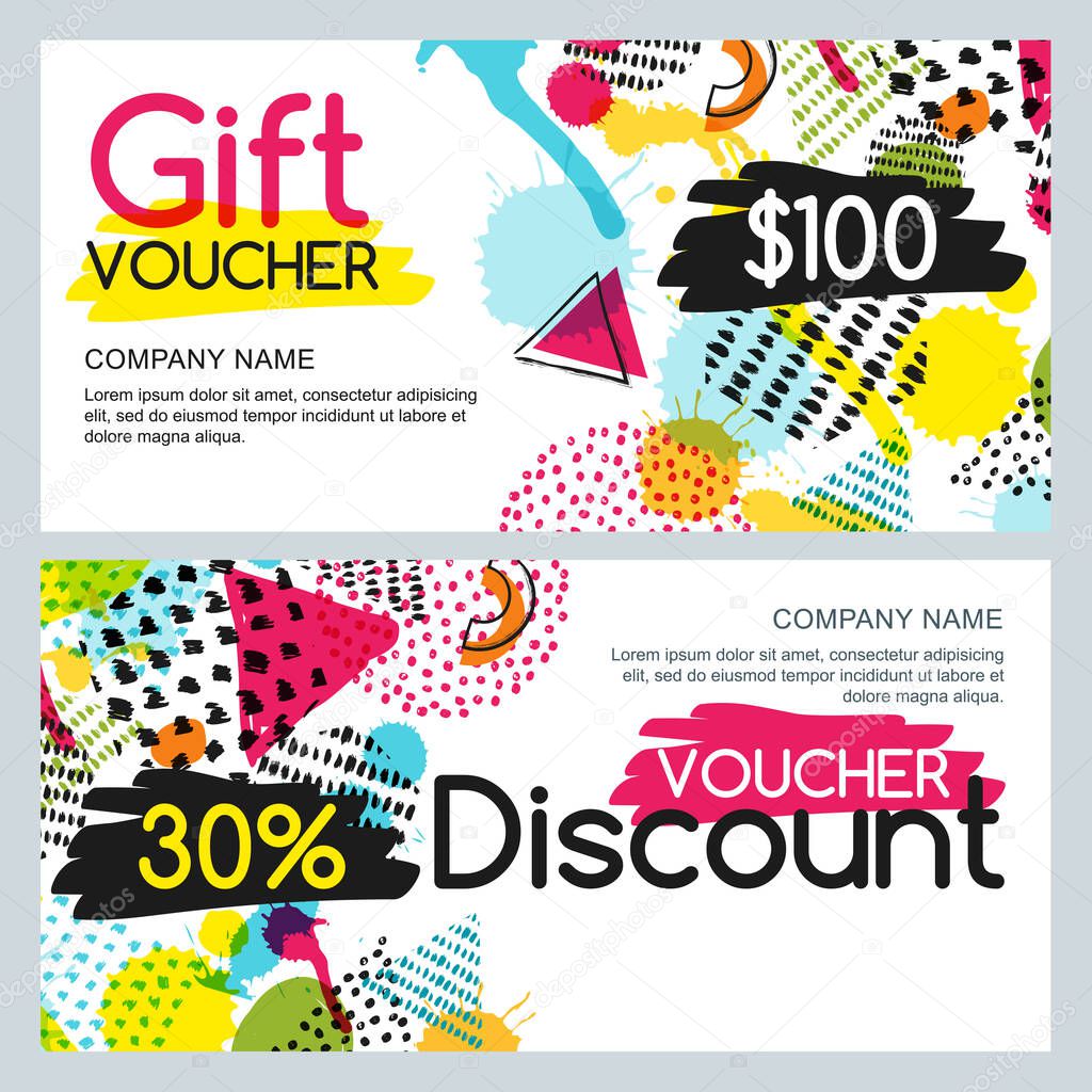 Vector gift card and discount voucher template with doodle texture and geometric shapes on white background. Design concept for gift coupon, invitation, certificate, flyer, banner, ticket.