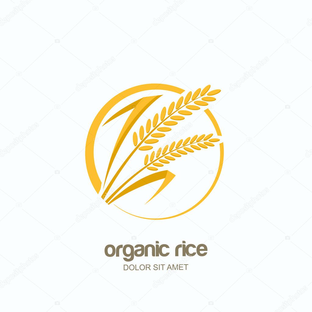 Vector logo, label or package emblem with yellow rice, wheat, rye grains. Concept for asian agriculture, organic cereal products, bread and bakery.
