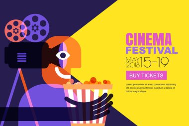 Vector sinema festivali afişi, broşür geçmişi. Soyut satış biletleri afiş arkaplanı. Film ve eğlence konsepti. Patlamış mısır ve kameralı adam, modaya uygun düz illüstrasyon..