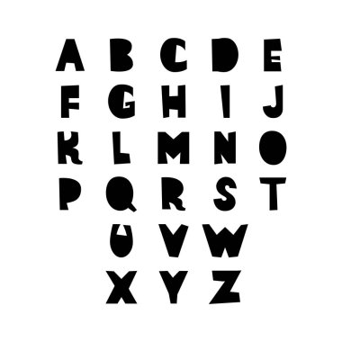 Kağıt işçiliği alfabesinden kesilmiş. Karalama el, Latince yazı tipi sembolleri çizdi. Vektör logosu tasarım elemanları. Beyaz arkaplanda izole edilmiş çocuksu harfler..