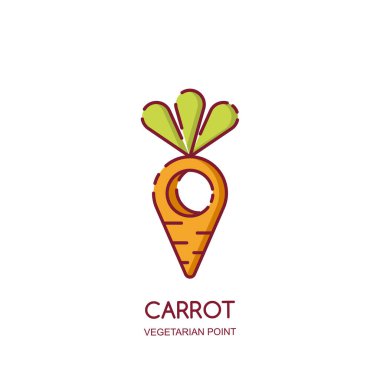 Vektör logosu, simge, vejetaryen ve vejetaryen restoranlar için amblem tasarım şablonu veya market. Çizgi havuç nokta iğnesi izole edilmiş. Sağlıklı gıda noktası kavramı.
