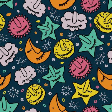 Vektör çocuklar komik çizgi film canavarlarıyla kusursuz desenler çizerler. Güneş, bulut, yıldız, ay, hilal. İyi geceler çizilmiş çizimler. Moda tekstil baskısı için renkli arkaplan tasarımı.