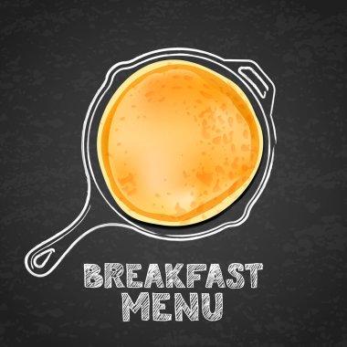 Lezzetli krep ve el çizimi suluboya tava, desenli siyah tahta kaplama arka plan. Kahvaltı için vektör tasarımı tatlı menüsü, kafe, restoran. Sabah tarifi çizimi.