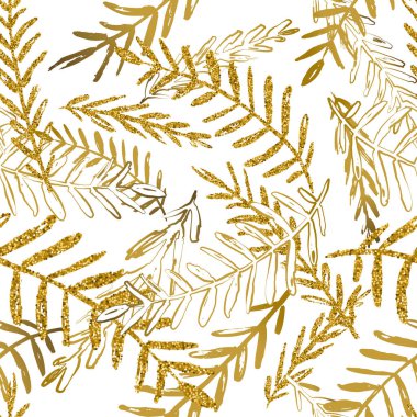 Altın yapraklı, kusursuz tropikal desen. Altın ve beyaz palmiye yaprağı arka planı. Moda tekstil baskısı için moda yaz tasarımı.