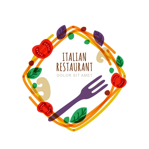 Hand Drawn Doodle Isolated Frame Italian Spaghetti Tomato Basil Fork — Stock Vector