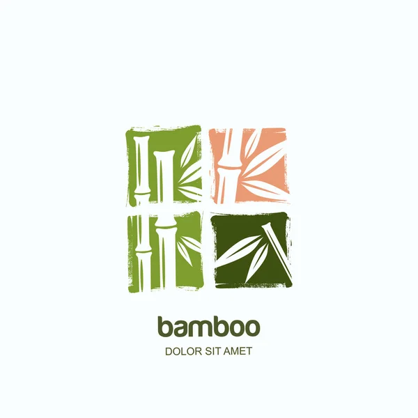 Vector Logo Label Square Emblem Watercolor Hand Drawn Green Bamboo — Stock Vector