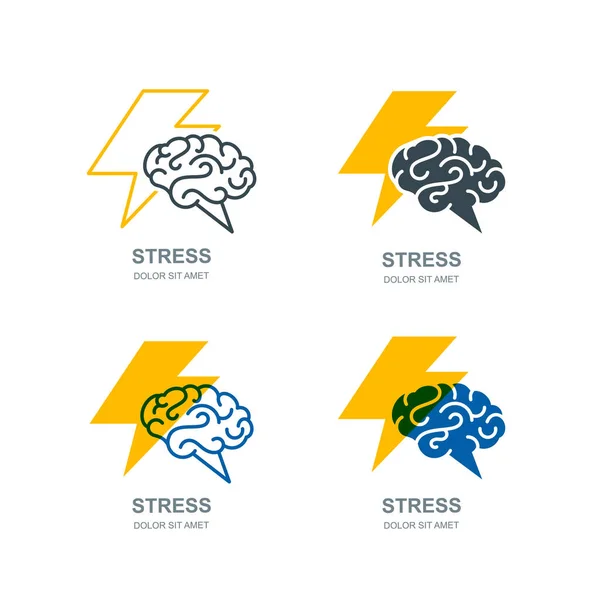 Векторный Набор Человеческого Мозга Светоотражающий Логотип Знак Дизайн Стресс Головная — стоковый вектор