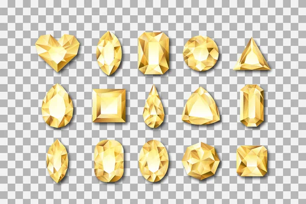 Set Vector Realistic Golden Gems Jewels Transparent Background Gold Shiny — Stock Vector