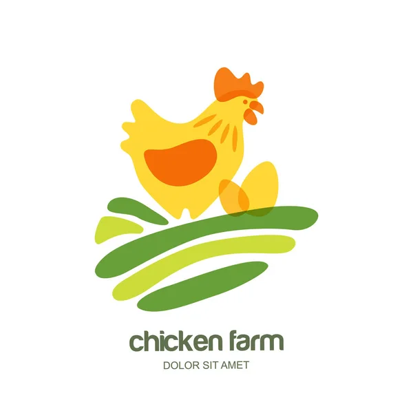 Chicken farm vector logo, label, emblem design template. Illustration of hen with eggs on green field. Concept for farming and organic food industry, agriculture, poultry business, packages.