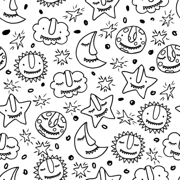 Vector Kids Doodle Seamless Pattern Cute Cartoon Monsters Sun Cloud — Stock Vector