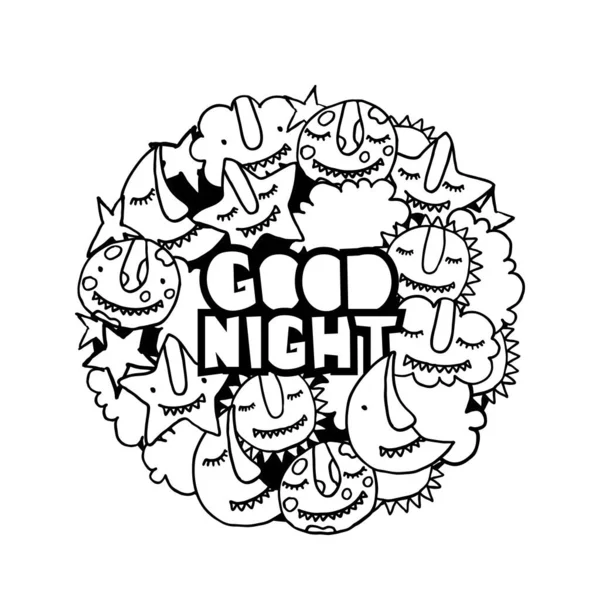 ベクトルキッズは良い夜のイラストをかわします かわいい漫画モンスター太陽 円の形で三日月 ファッションテキスタイルプリントやぬり絵のための黒白手描きデザイン — ストックベクタ