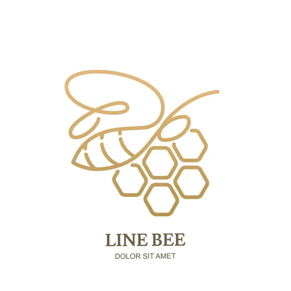 矢量一直线标志图标或徽章与金蜜蜂和蜂窝 摘要现代设计模板 蜜蜂示意图 蜂蜜包件设计的概念 — 图库矢量图片