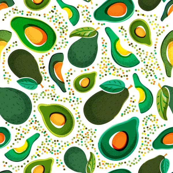 Vector Seamless Pattern Fresh Green Avocado Isolated White Background Hand — Stock Vector