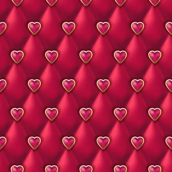 Seamless Red Leather Texture Shiny Pink Golden Hearts Buttons Vector — Stock Vector