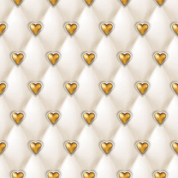 Seamless White Leather Texture Shiny Golden Hearts Buttons Vector Silk — Stock Vector