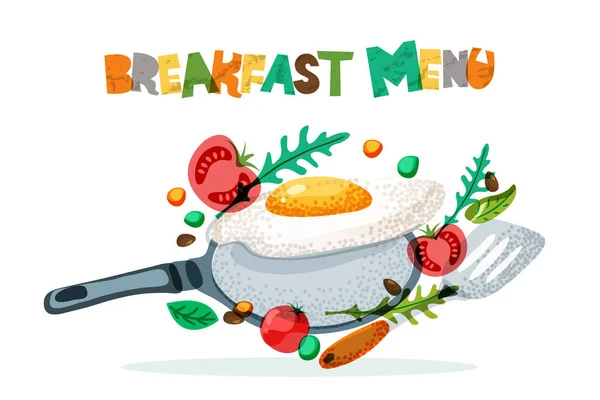 Frühstücksmenü Gesunde Mahlzeit Vektordesign Gebratene Eier Tomaten Gewürze Pfanne Und — Stockvektor
