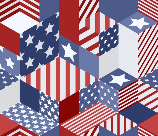 ベクトルシームレス米国フラグパターン アメリカの国旗の色の3D等角キューブの背景 幾何学的なパッチワークイラスト — ストックベクタ