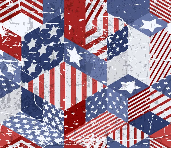 矢量无缝水彩旗图案 3D等尺寸立方体背景在美国国旗的颜色与牢骚可移动的纹理 几何拼凑图 — 图库矢量图片
