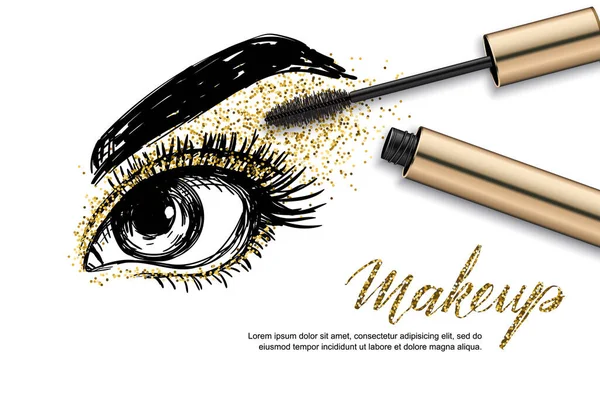 Vektor Skiss Illustration Kvinnliga Ögon Och Makeup Mascara Gyllene Glitter — Stock vektor