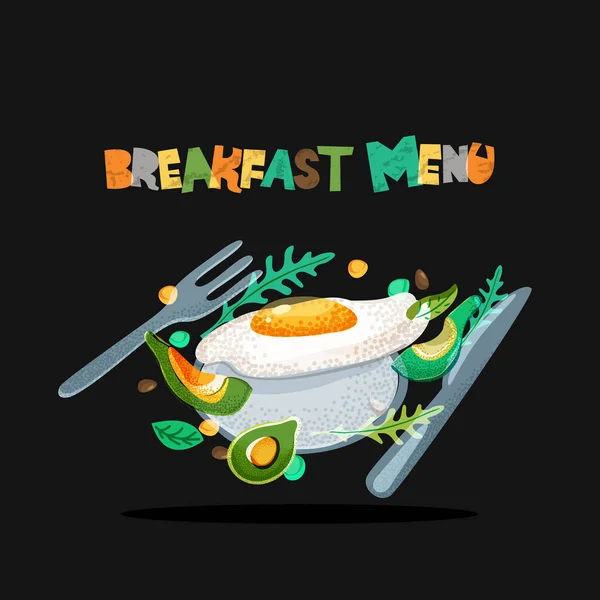 Breakfast Menu Healthy Meal Vector Design Fried Eggs Avocado Plate — Stock Vector
