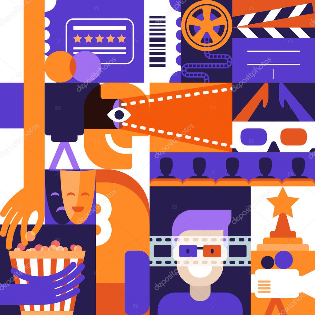 Vector flat geometric design elements for cinema, movie and entertainment theme. Concept for poster, entrance ticket, flyer. Man in 3d glasses, camera film, popkorn illustrations.